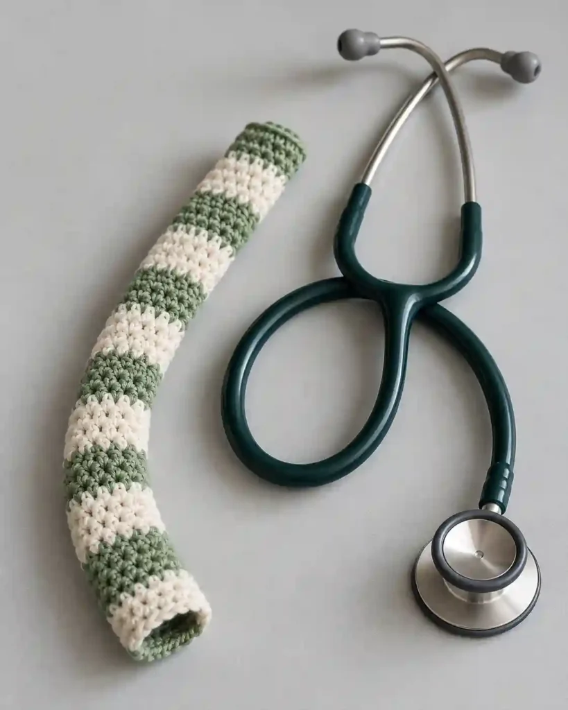 Landscape editorial photo of flat stethoscope-shaped crochet appliqué resting on an unbranded canvas tote with a small heart detail; crochet stethoscope applique, realistic visible crochet stitch detail.