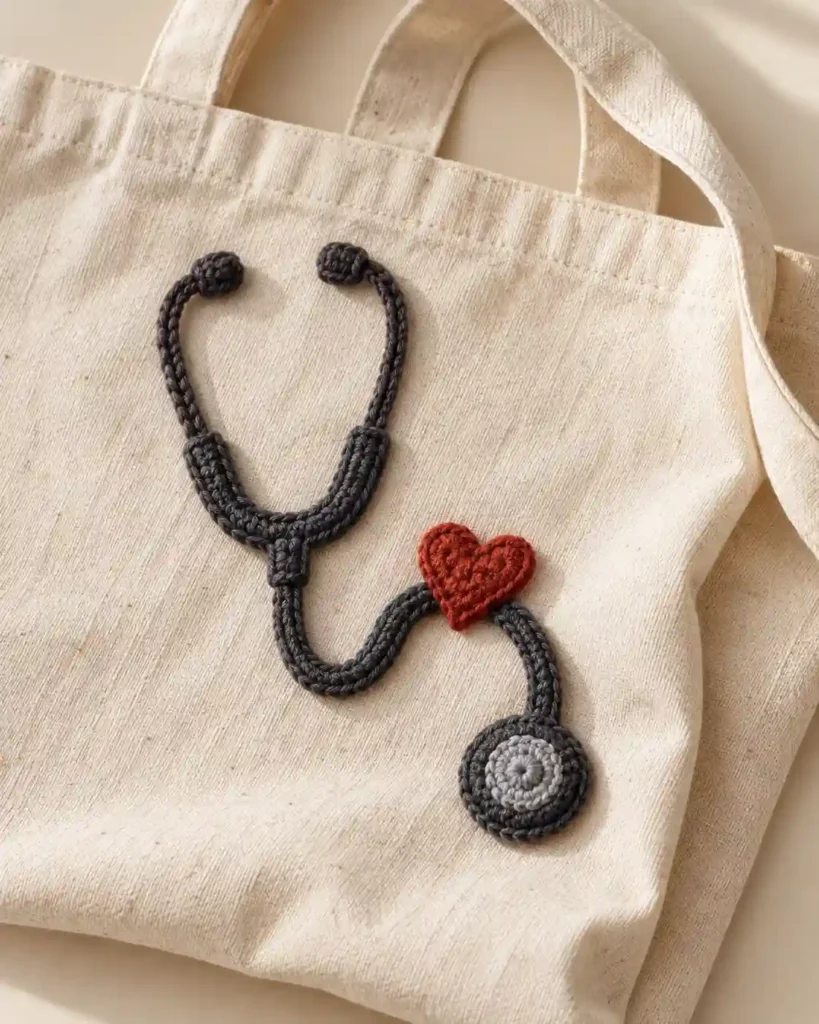 Landscape editorial photo of a removable striped yarn sleeve beside a clean unbranded stethoscope used as a photography prop; crochet stethoscope cover, realistic visible crochet stitch detail.