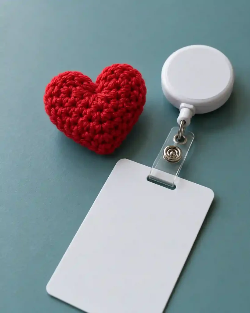Landscape editorial photo of a tiny crocheted red heart topper displayed next to an unbranded retractable id reel and blank id card; crochet nurse badge reel topper, realistic visible crochet stitch detail.