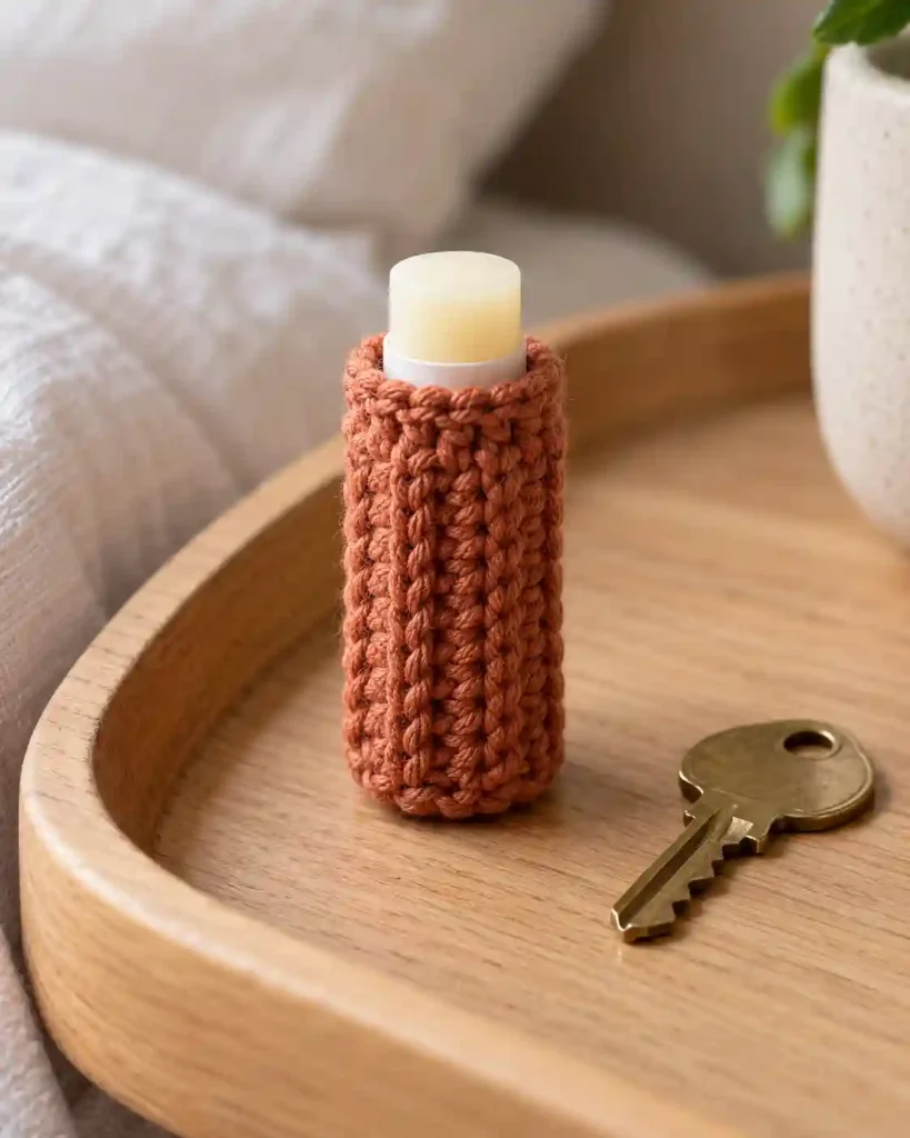 Landscape editorial photo of a terracotta ribbed crochet lip balm sleeve holding an unlabeled lip balm stick beside keys; crochet lip balm holder, realistic visible crochet stitch detail.