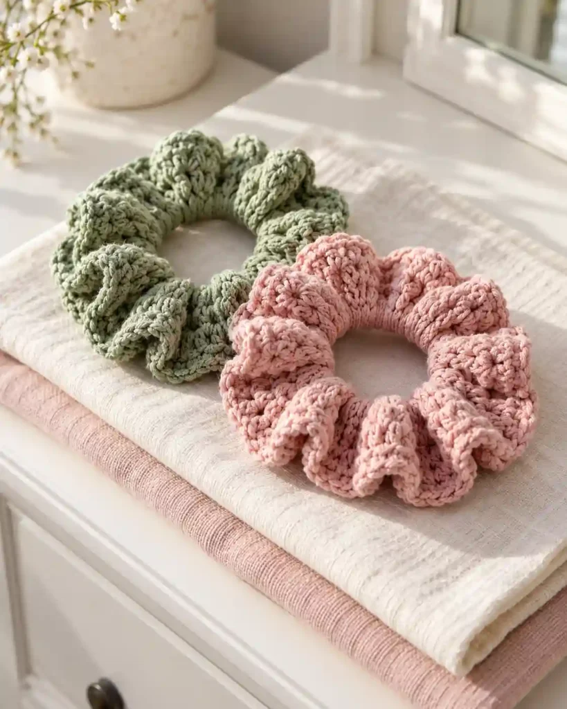 Landscape editorial photo of two soft sage and dusty-pink crochet scrunchies paired on folded cotton fabric; crochet scrunchie nurse gift, realistic visible crochet stitch detail.