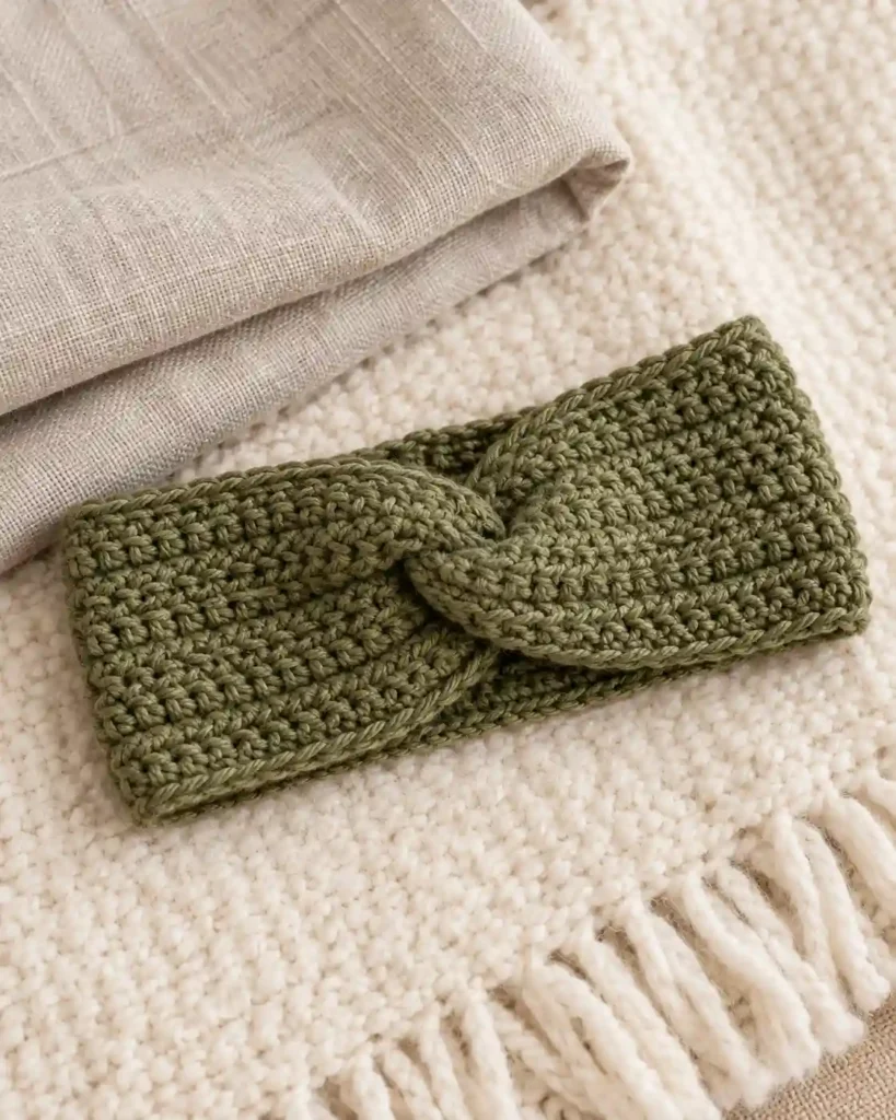 Landscape editorial photo of an olive crochet headband with subtle twist knot laid flat beside folded neutral fabric; crochet headband nurse gift, realistic visible crochet stitch detail.