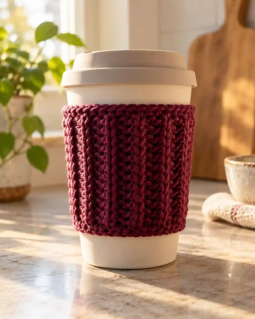 Landscape editorial photo of a deep berry crochet cup sleeve wrapped around an unbranded reusable takeaway cup; crochet coffee cup cozy for nurses, realistic visible crochet stitch detail.