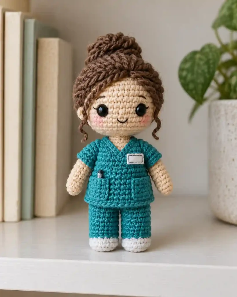 Landscape editorial photo of a palm-sized amigurumi nurse doll in teal crochet scrubs with a miniature stitched name tag; crochet nurse doll amigurumi, realistic visible crochet stitch detail.