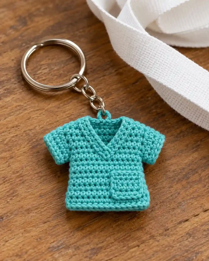 Landscape editorial photo of an ivory crochet nurse cap ornament with a small stitched red cross-like geometric detail, on a soft linen backdrop; crochet nurse cap ornament, realistic visible crochet stitch detail.