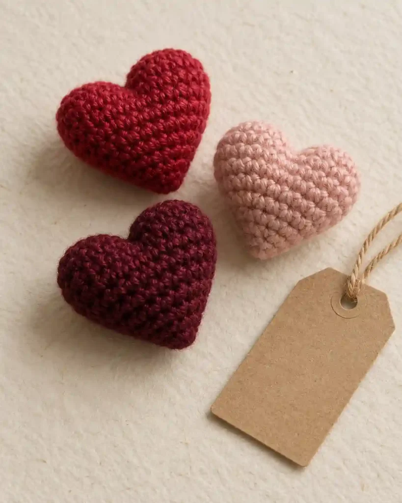 Landscape editorial photo of three tiny stuffed crochet hearts in cranberry, blush and burgundy beside an unbranded gift tag; crochet heart keychain for nurses, realistic visible crochet stitch detail.
