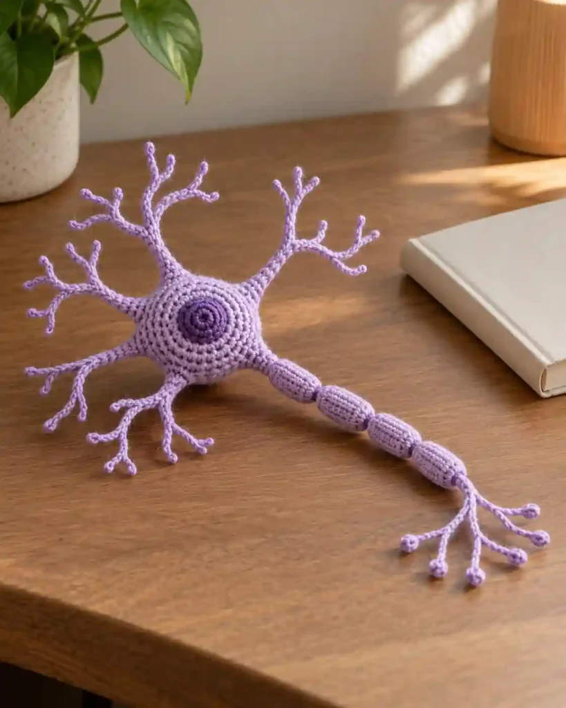 Landscape editorial photo of a lavender crocheted neuron with soft branches arranged as a desk sculpture; crochet neuron plush, realistic visible crochet stitch detail.