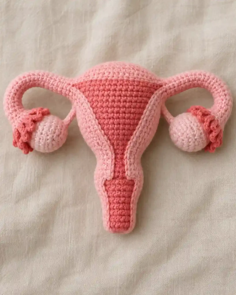 Landscape editorial photo of a pink and coral crocheted uterus anatomy plush laid on unpatterned neutral cloth; crochet uterus plush, realistic visible crochet stitch detail.