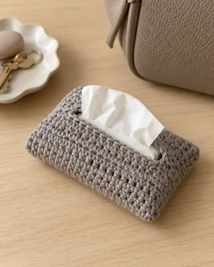 Landscape editorial photo of a rectangular pebble-gray crochet pouch with a small pocket tissue packet partly visible; crochet tissue pouch, realistic visible crochet stitch detail.