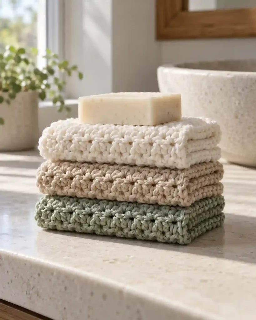 Landscape editorial photo of a pair of oatmeal crochet home slippers with visibly textured non-slip undersides; crochet house slippers gift, realistic visible crochet stitch detail.