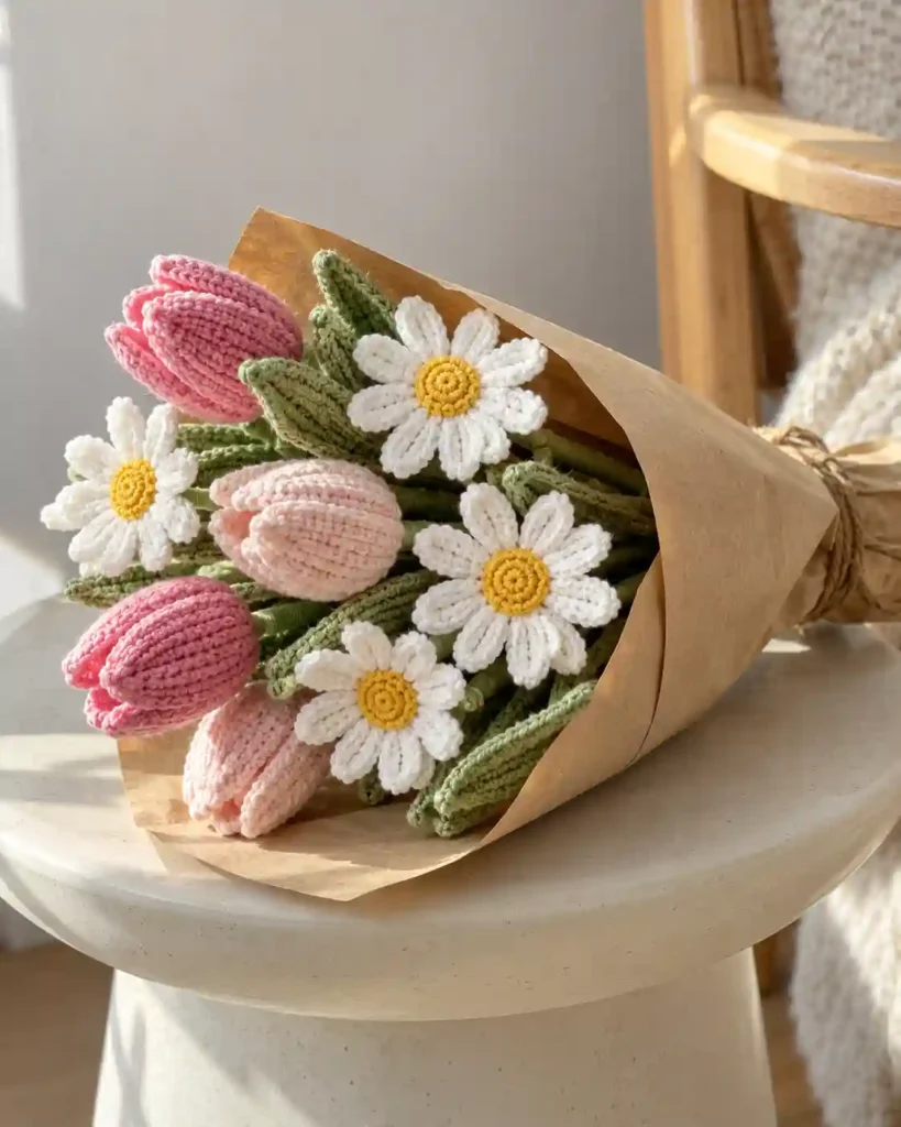 Landscape editorial photo of a structured navy and cream crochet tote with reinforced straps resting upright beside a plain notebook; crochet tote bag gift for nurses, realistic visible crochet stitch detail.
