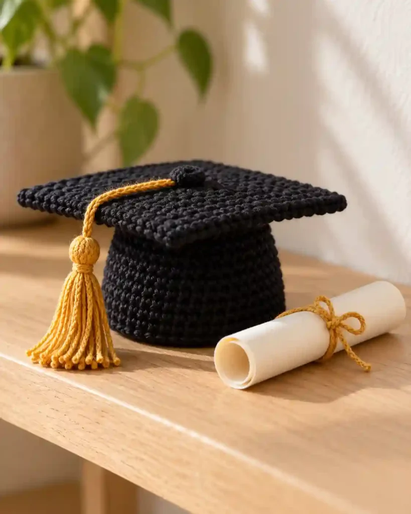 A small black crocheted mortarboard with a flat square top and gold yarn tassel on a pale oak shelf beside a rolled blank paper diploma.