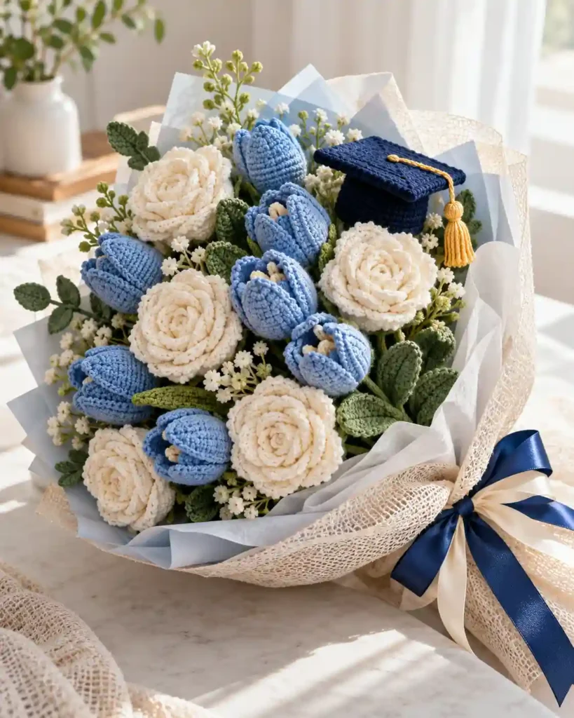 A tiny navy crochet graduation cap attached by a reinforced yarn loop to a silver split ring, photographed beside two house keys on cream linen.