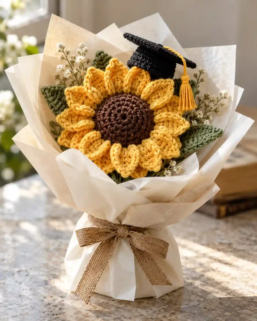 One golden crochet sunflower with a brown stitched center and no face, a tiny black mortarboard above its petals, wrapped in ivory paper on a stone tabletop.