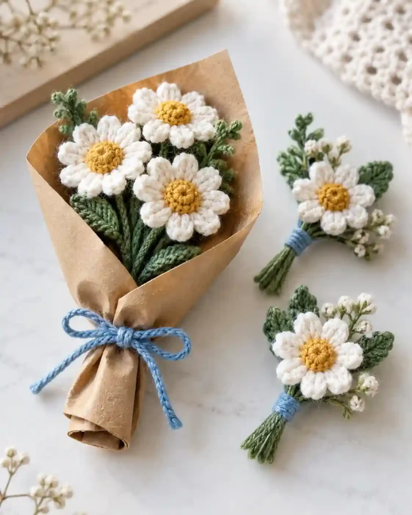 Three small crocheted daisies in a compact kraft-paper cone tied with blue yarn, placed beside two matching mini posies on a bright neutral surface.