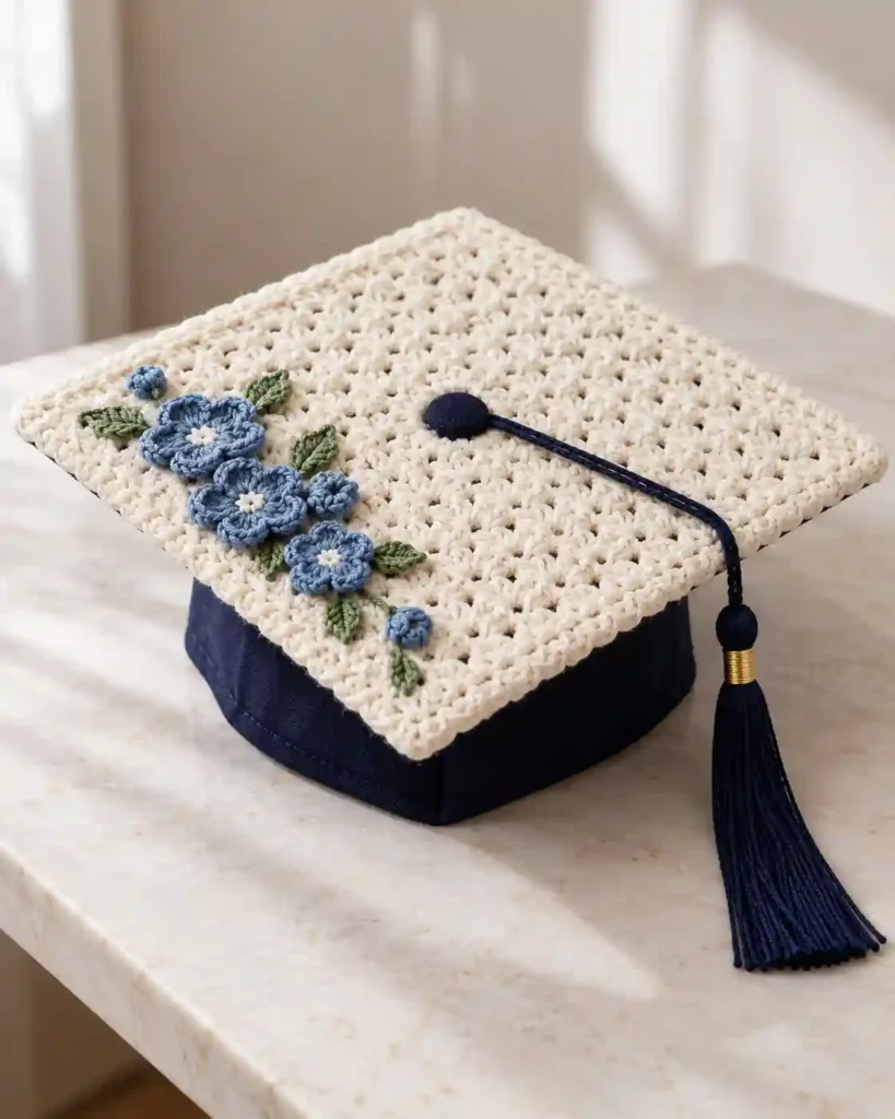 A faceless crocheted yellow flower in a terracotta-colored yarn pot with a stable flat base and navy ribbon, on an uncluttered desk beside closed notebooks.