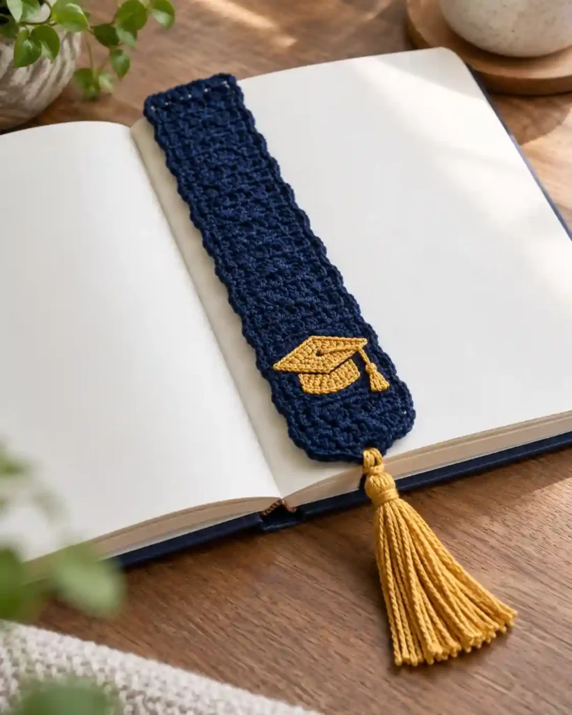 A slim navy cotton crochet bookmark lying across an open blank-page notebook, its gold yarn tassel hanging beyond the lower edge.