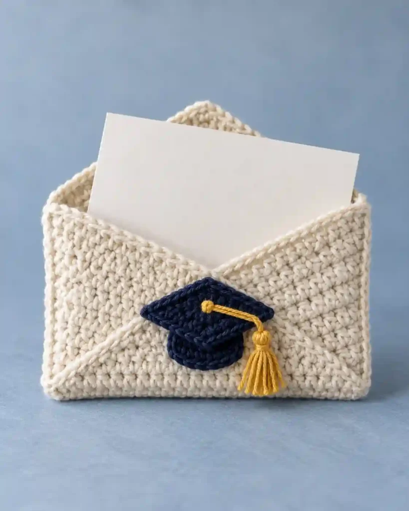 A cream crocheted envelope with a small navy cap applique and a plain unbranded card partially visible, on a soft blue background.