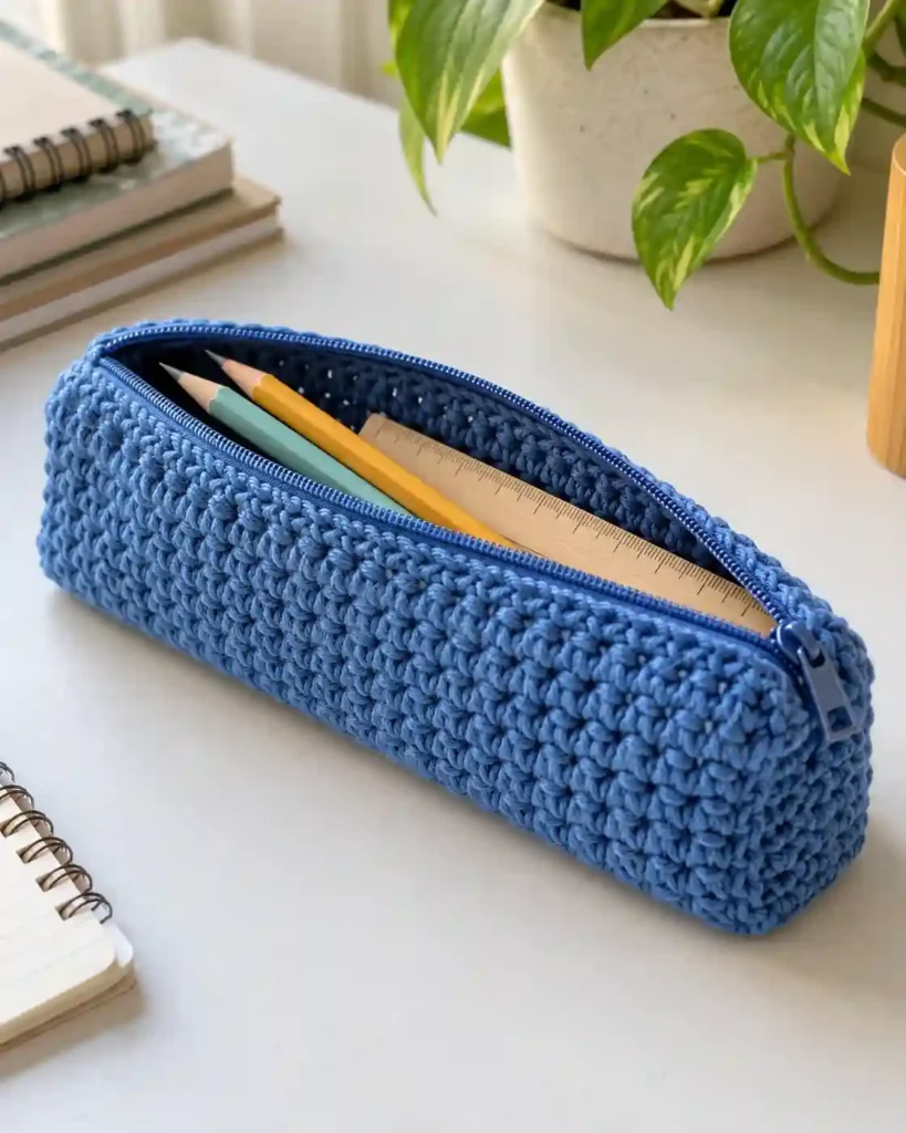 A blue cotton crochet pencil pouch with a neat zipper, partly open to reveal two pencils and a ruler on a clean desk.