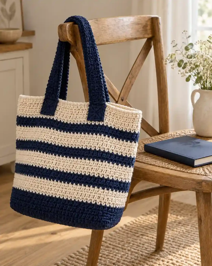 A cream and navy striped crochet tote with reinforced handles draped over a wooden chair beside a closed notebook.
