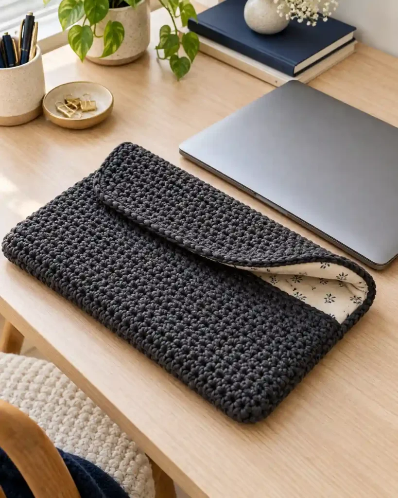 A charcoal textured crochet laptop sleeve with a soft flap beside a closed unbranded slim laptop on a pale desk, showing the lining at the opening.