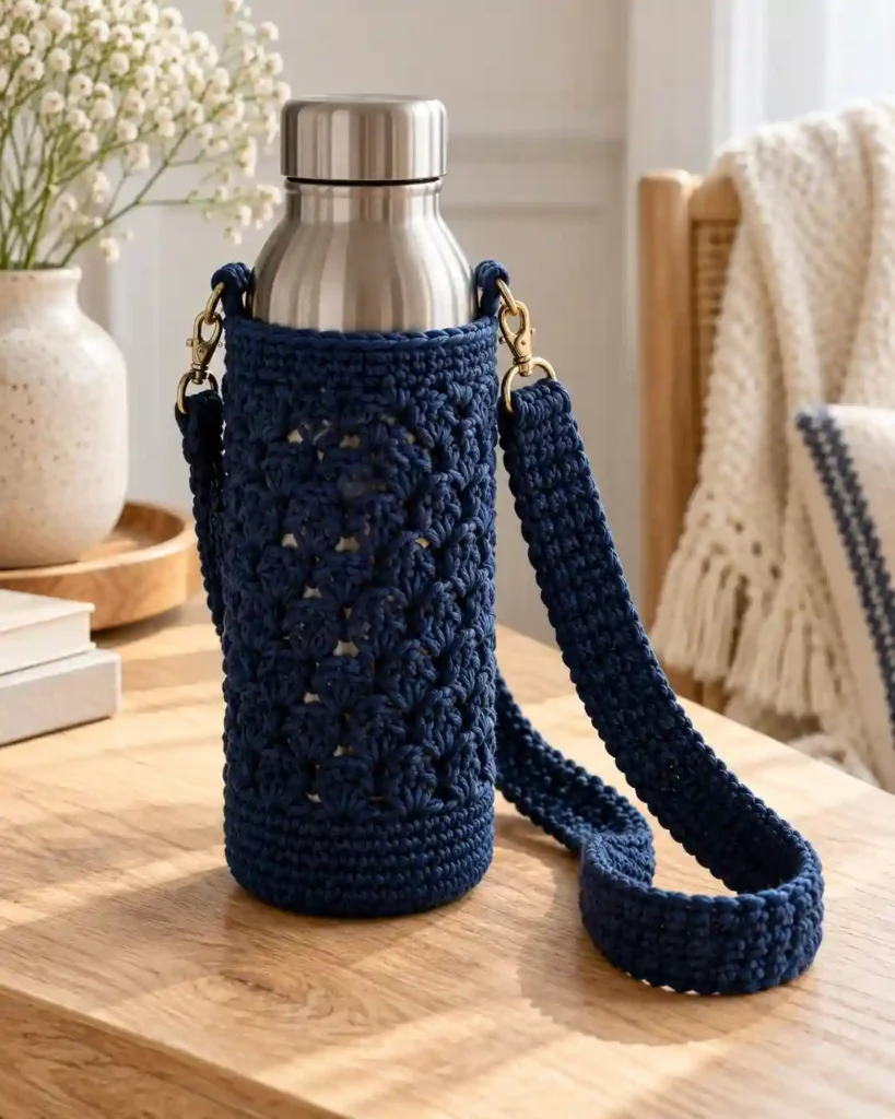 A navy crochet bottle carrier fitted around an unbranded steel water bottle with a reinforced shoulder strap folded neatly beside it.