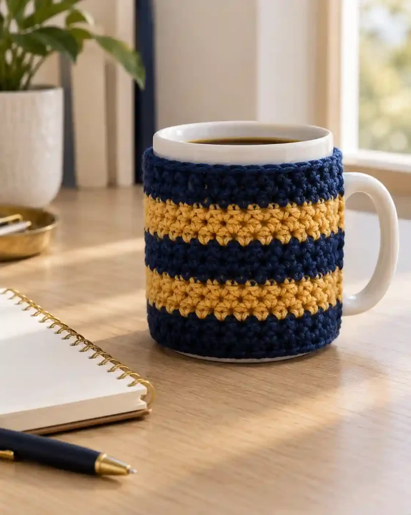 A white ceramic mug wearing a navy and gold striped crochet cozy, with its handle and rim clear, on a desk beside a blank notepad.