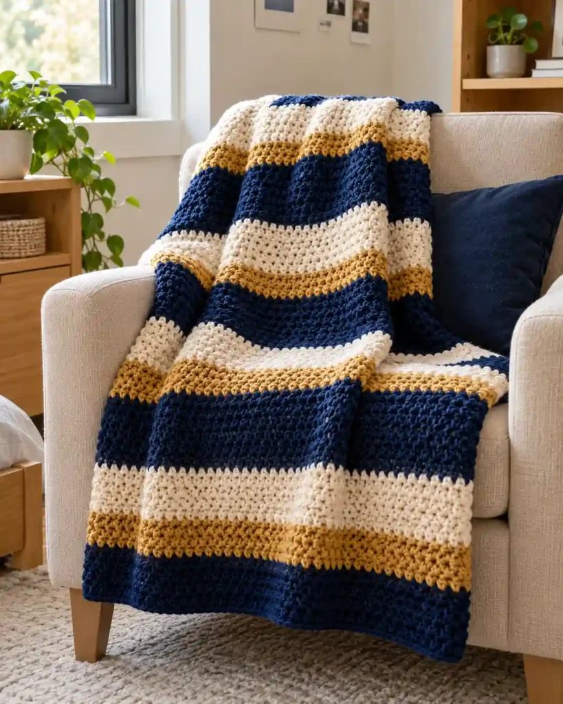 A navy cream and gold striped crochet lap blanket folded over a dorm-style armchair, stitch texture visible in soft daylight.