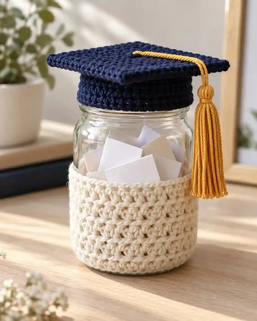 A short strand of navy crocheted mortarboards and gold yarn stars hanging against an ivory wall above a narrow console table.