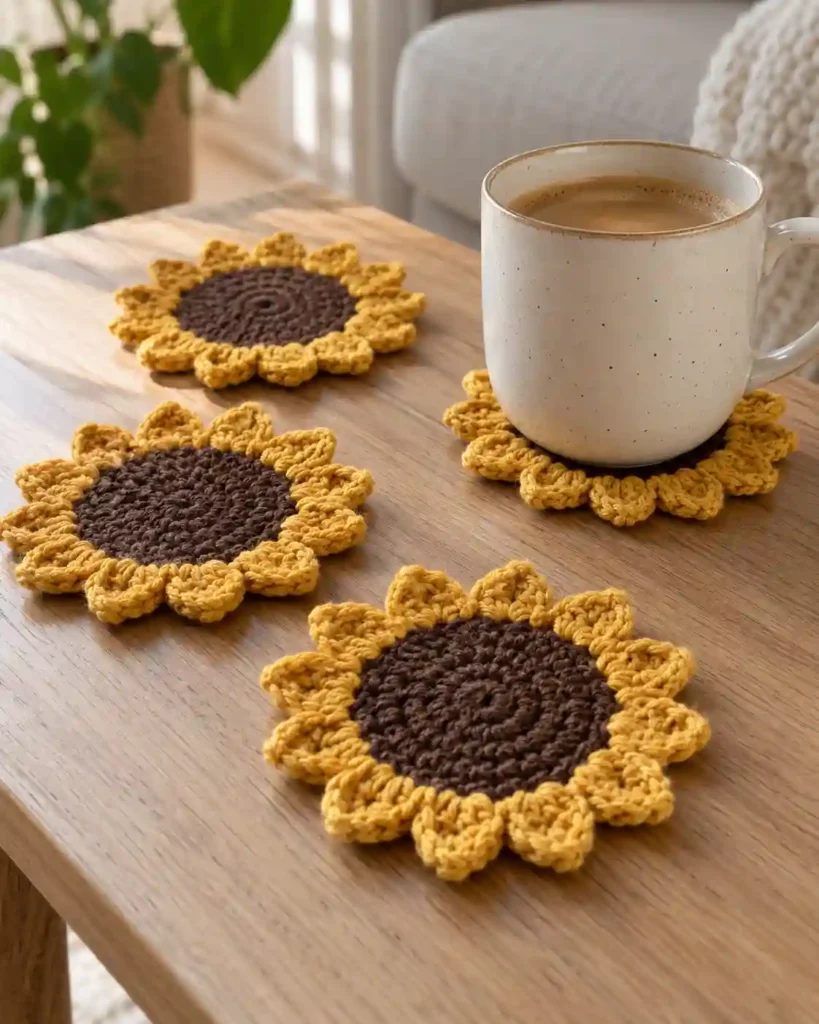 Four ochre sunflower crochet coasters arranged beside a white mug on a pale oak coffee table, one coaster shown close enough to reveal individual petals.