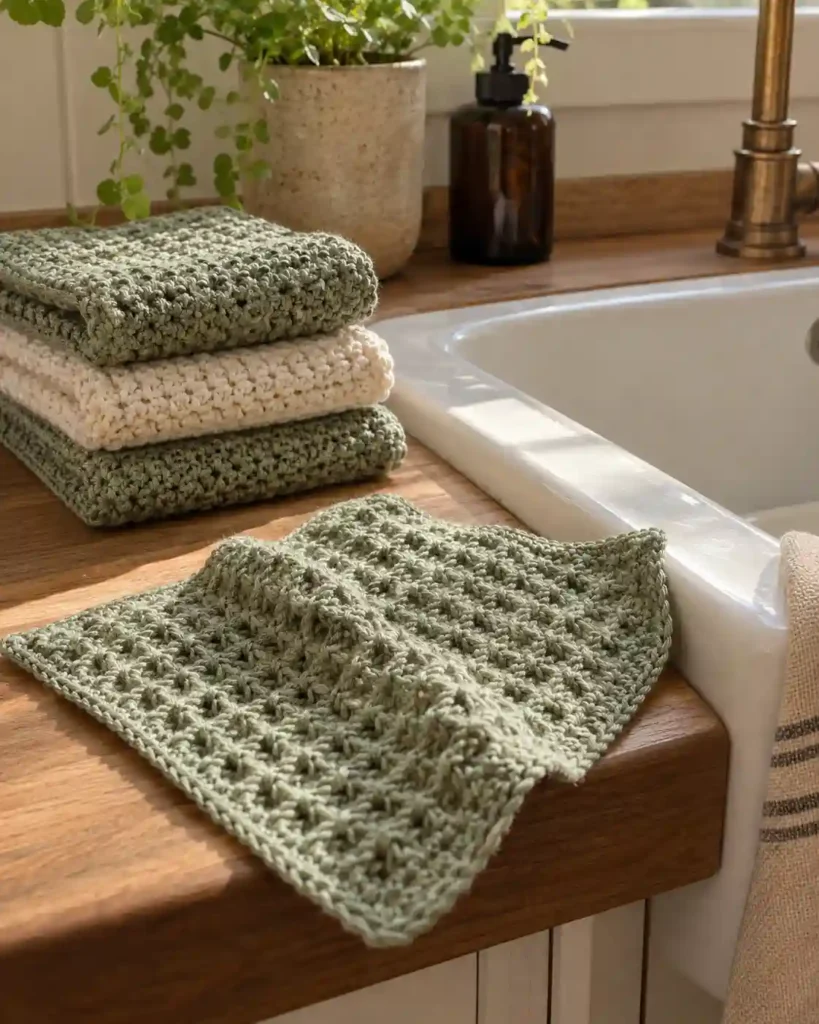 Three folded sage and cream cotton dishcloths beside a ceramic sink, one unfolded waffle stitch cloth in the foreground.