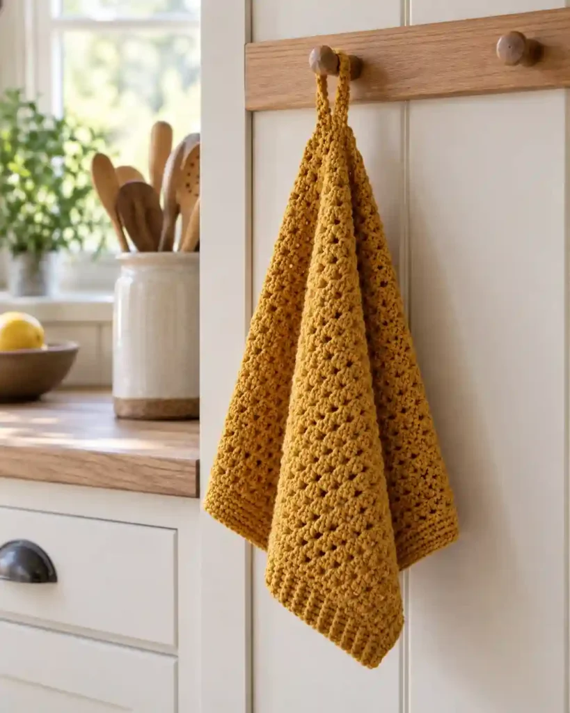 A mustard crochet hand towel hanging from a wooden kitchen rail, softly lit white cabinetry behind it, detailed stitched hanging loop.