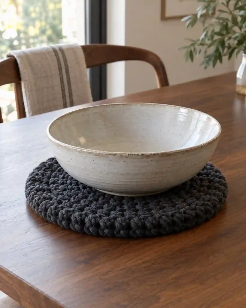 Two dense double-layer cotton potholders with terracotta flower edging laid flat beside a cool empty baking dish on a stone counter.