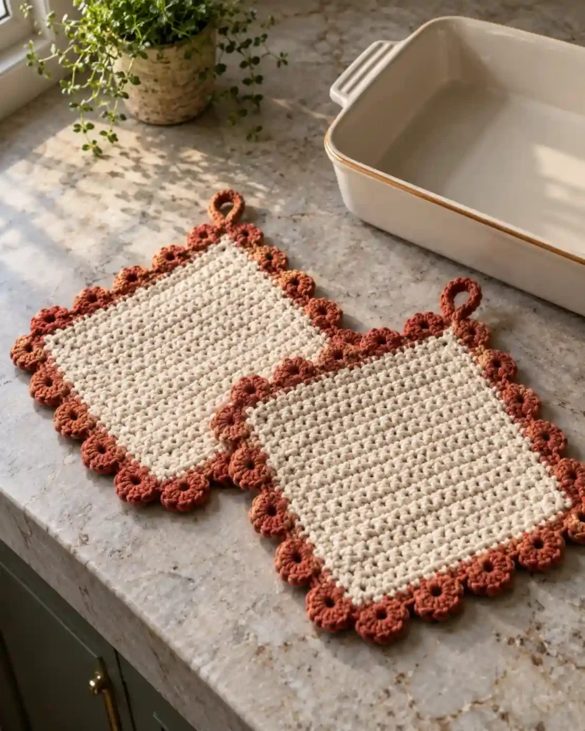 A thick round charcoal crochet trivet beneath an empty ceramic serving bowl on a walnut dining table, angled view showing the substantial stitched edge.