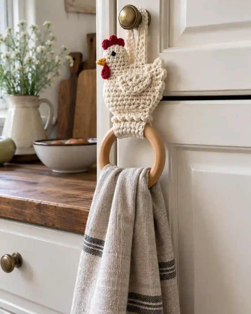 A cream crochet towel holder with a small chicken motif and smooth wooden ring holding a linen towel from a cabinet handle.