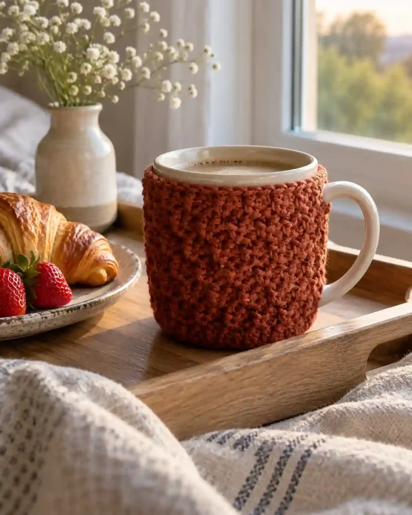 A rust-colored textured crochet sleeve fitted around a plain ceramic mug with the handle unobstructed, on a breakfast tray by a window.