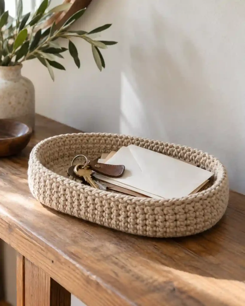 A low oval oatmeal crochet basket holding keys and folded mail on an entryway console, dense stitch definition and a clean pale wall.