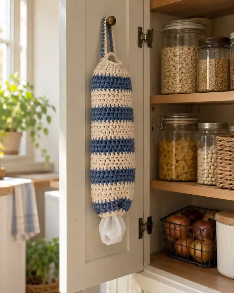 A teardrop-shaped olive crochet basket hanging from a sturdy wall hook near an entrance, containing only a lightweight scarf and envelopes.