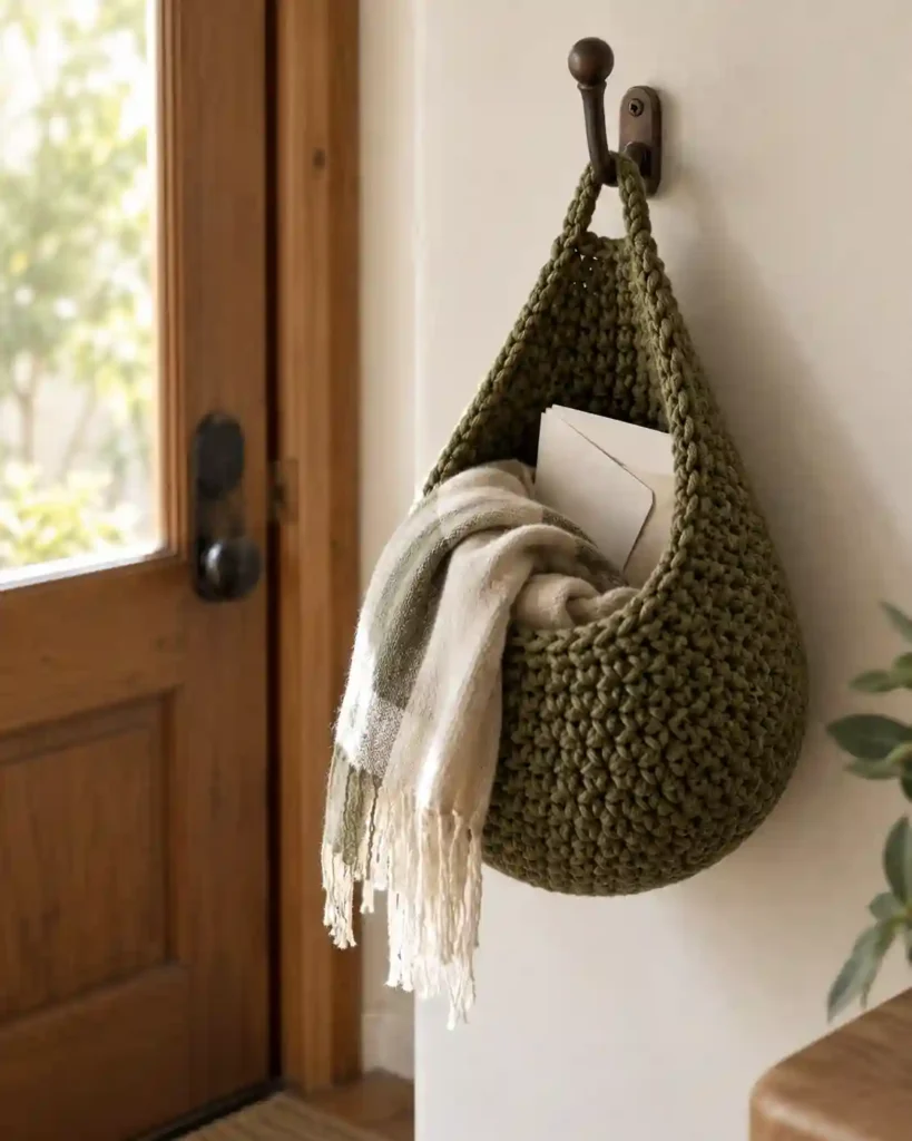 A striped cream and blue crochet bag dispenser hanging inside an open pantry door with one clean reusable bag visible at its lower opening.