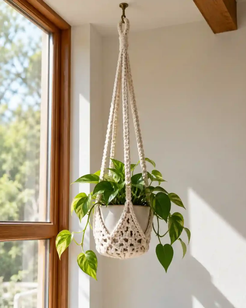 A sage crochet cover around a waterproof planter holding a pothos, a saucer visible underneath on a bright windowsill.