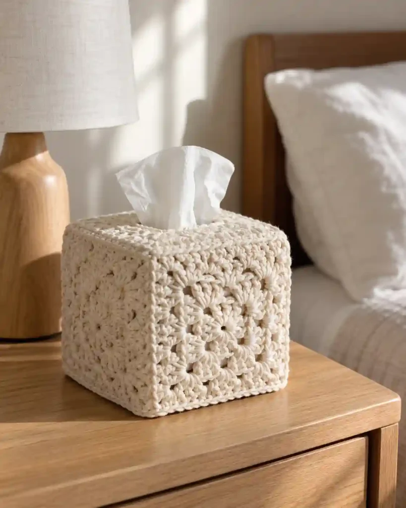A natural cotton crochet plant hanger supporting a small lightweight planter near a window, balanced straps and a visible secure ceiling hook.