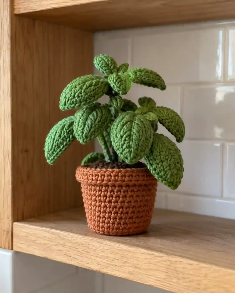A tiny crocheted basil plant in a terracotta-colored crochet pot on a kitchen shelf, carefully formed green leaves and visible handmade stitch texture.