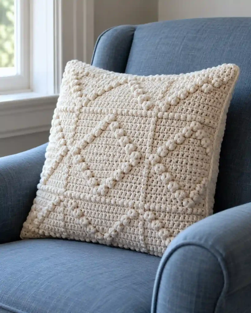 A square ivory crochet cushion with raised geometric texture on a muted blue armchair, side angle revealing a neat removable cover edge.