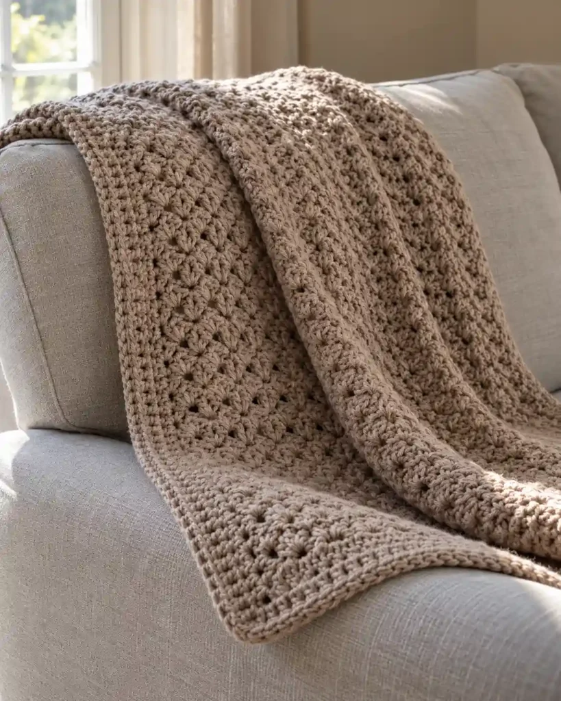 A warm taupe crochet throw folded over a sofa back, a broad section draped to show stitch texture and a clean border in natural afternoon light.