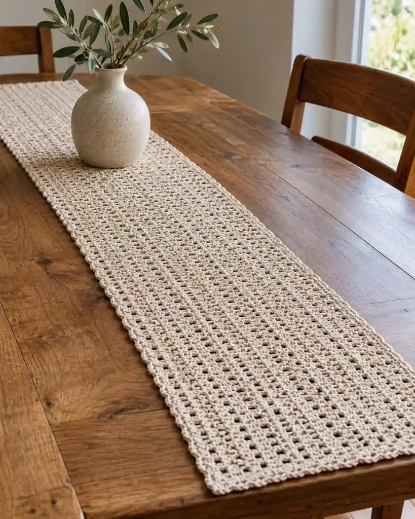A small cream and ochre crochet daisy wall hanging on a smooth wooden dowel against a pale plaster wall, uncluttered front view.
