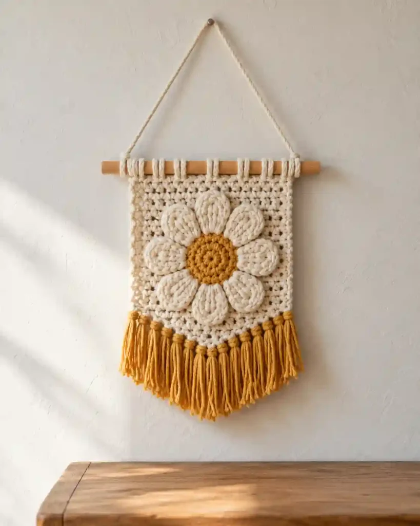 A slim oatmeal crochet table runner laid along a wooden dining table with a single simple vase, long repeating stitches clearly visible.