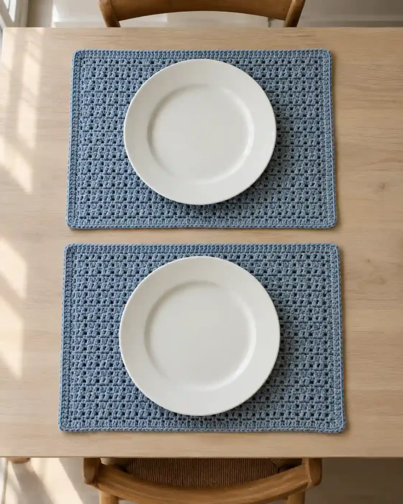 Two dusty-blue crochet placemats under plain white plates on a light dining table, overhead angle showing even rectangular edges.