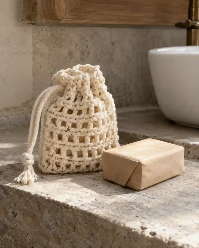 Four simple sage crochet napkin rings around ivory linen napkins, neatly aligned on an oak dining table in a close overhead composition.