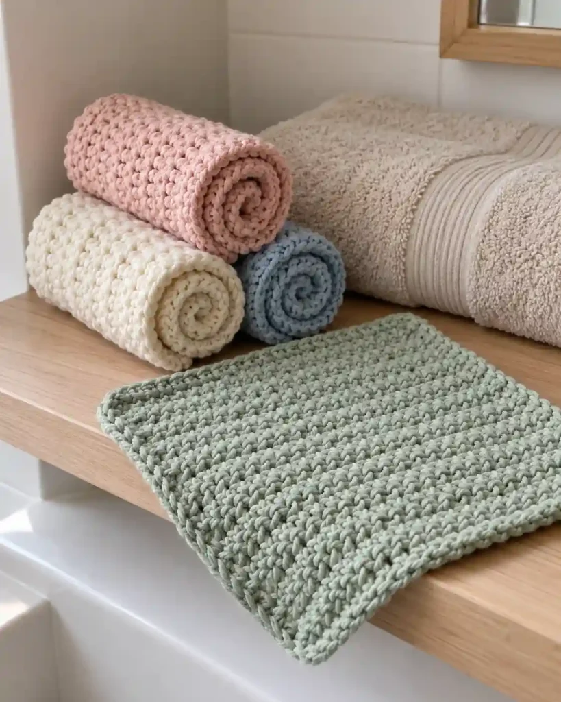 Three pastel cotton washcloths rolled beside a folded bath towel on a clean bathroom shelf, one soft flat-stitch cloth spread open.