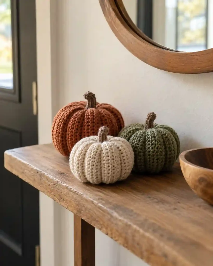 Three small ribbed crochet pumpkins in cream, clay and muted green on a narrow entryway shelf, one wooden bowl nearby and soft autumn daylight.